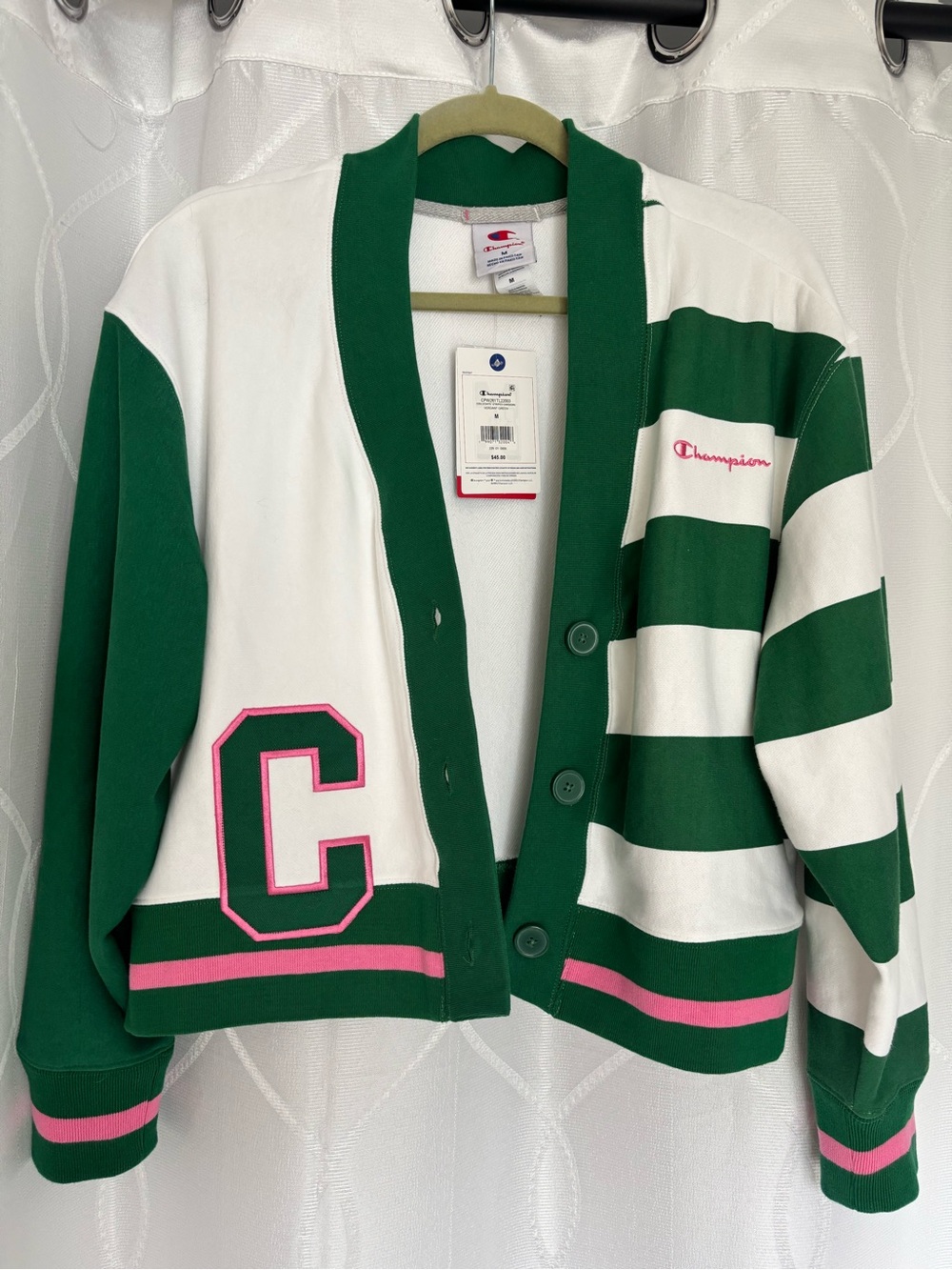 Champion womens Green & White Striped Cardigan with Pink Trim M NWT